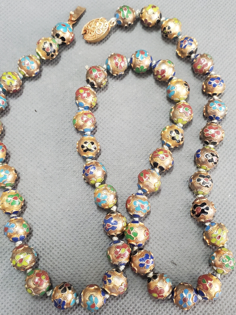 Vintage Chinese Cloisonne Enamel Bead Necklace 23" Hand Knotted Floral Gold